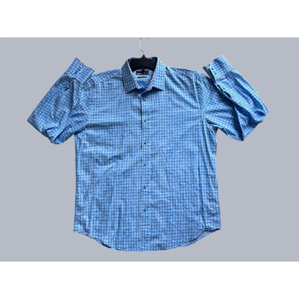 Quieti‎ 100% Cotton Shirt Men's L Blue Grid Check Contrast Cuff Korea EUC